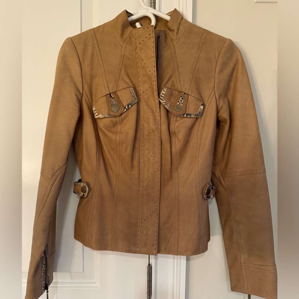 Etcetera tan leather, snake skin detailed jacket, Size 2